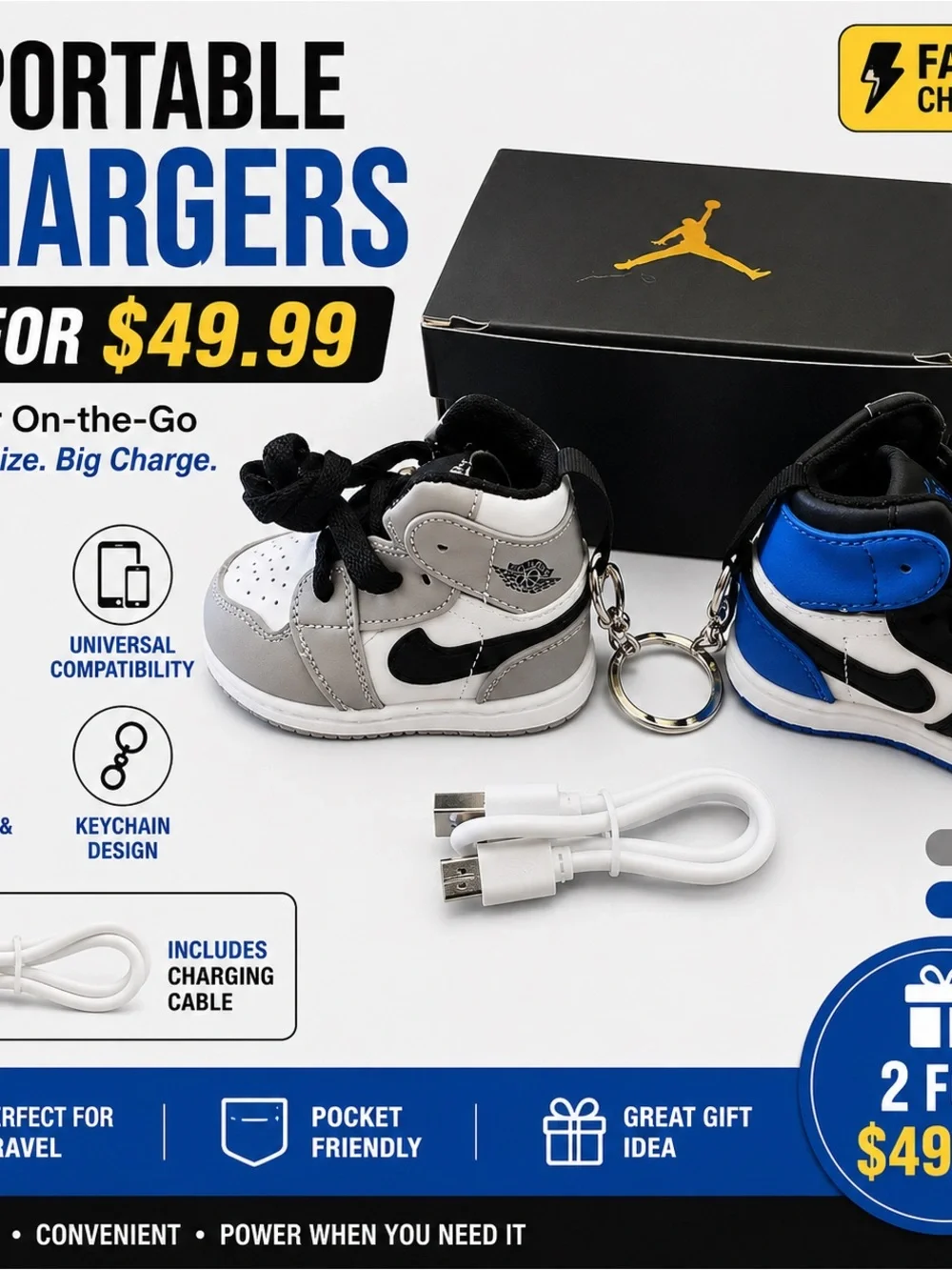 Mini Sneaker Keychain Charger - Gray & Black